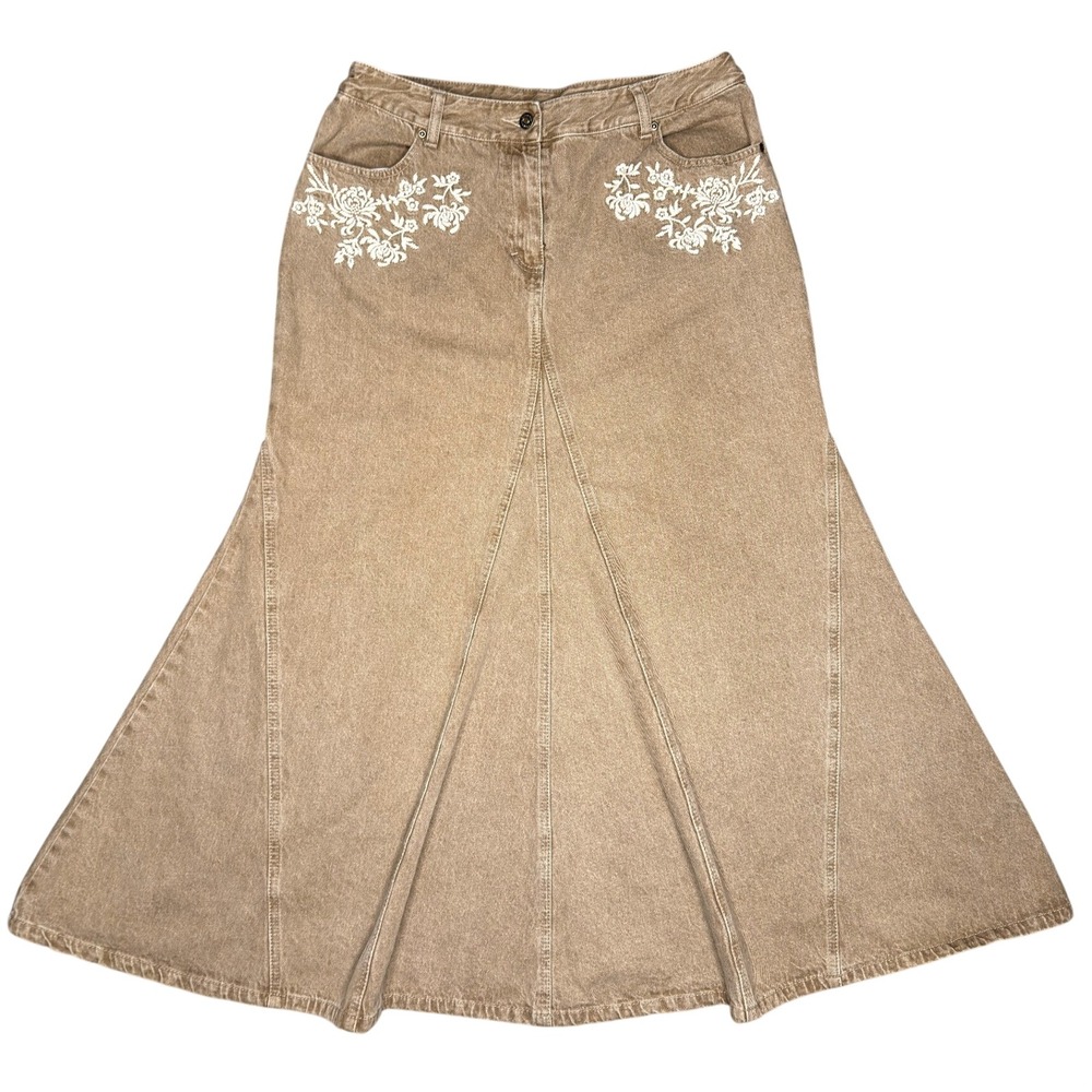 Jeanology Denim Maxi Skirt 14 Tan Floral Embroidered Gored Boho
